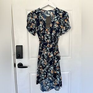 Navy Floral Wrap-Style Mini Dress with Puff Sleeves